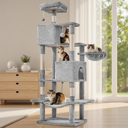 Sweetcrispy 66 inch Cat Tree Tower, Large Multi Level Cat Climbing Tower with Condo, Natural Sisal Scratching Posts, Extended Platform, Hammock, Pet House for Indoor Cats and Kittens Play, Grey