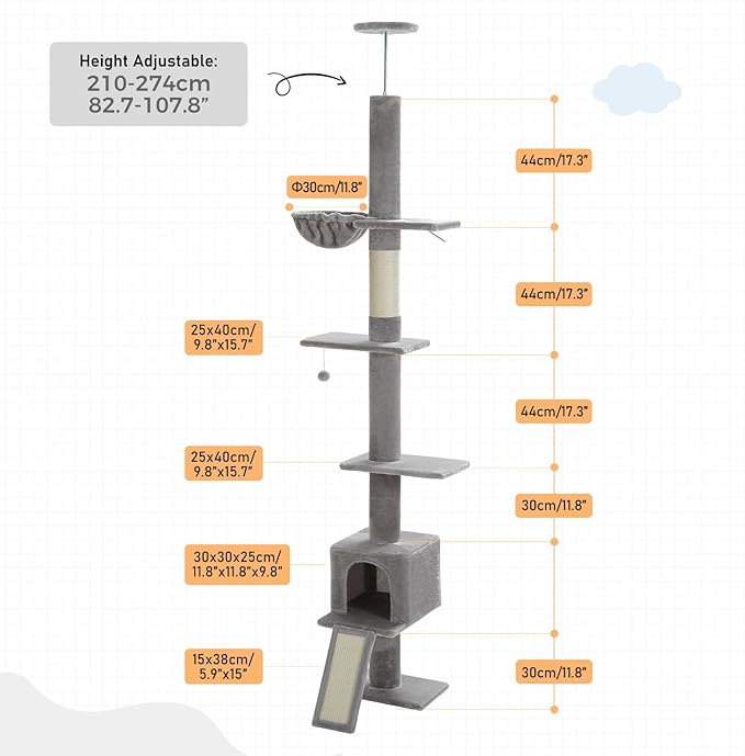 PEQULTI Cat Tree Floor to Ceiling, Tall Cat Tower, Adjustable Height (83''-108'') 5 Tiers Climbing Tree for Indoor Cats with Cat Condo, Scratching Post and Ladder, Grey