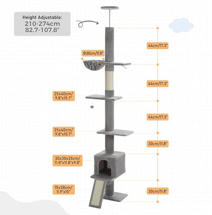 PEQULTI Cat Tree Floor to Ceiling, Tall Cat Tower, Adjustable Height (83''-108'') 5 Tiers Climbing Tree for Indoor Cats with Cat Condo, Scratching Post and Ladder, Grey