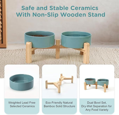 SPUNKYJUNKY Elevated Dog Bowls Ceramic, 5.1'' Dogs and Cat Food Water Bowls Raised with Non-Slip Bamboo Stand for Puppy Small Sized Breed Microwave Dishwasher Safe - 13.5 OZ,Dark Green
