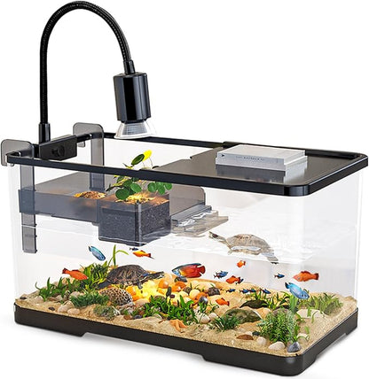 (Tank + Light + Filter Balls) Turtle Tank Kit, Turtle Tank Starter Kit,Bottom Drainage, Multi-Function Areas for Turtles, Crabs,Fishes, Amphibians,Reptiles. (15.75 x 8.64 x 8.64 Inch)