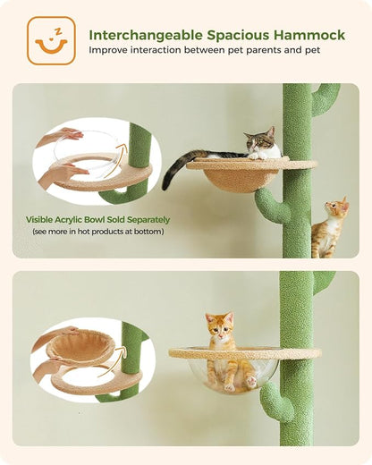 PEQULTI Floor to Ceiling Cat Tree Adjustable Height (87"-100"), 5 Levels Cactus Cat Tower with Perch&Replaceable Hammock, 4.1" Super Robust Cat Scratcher, Green