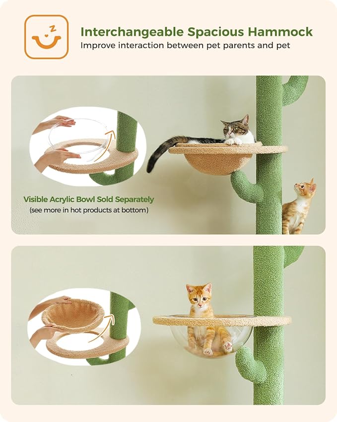 PETEPELA Floor to Ceiling Cat Tree, Cactus Cat Tower, Tall Cat Climbing Tree[87"-100"] Height Adjustable, 5 Levels with Top Perch and Replaceable Hammock for Indoor Cats, Cactus Green