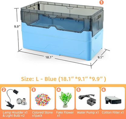 Turtle Habitat Tank Kit– Fresh Filtration, Waterplay Fun, Diverse Living, Heat Lamp, Water Pump and Convenient Water Changes in Tanks Habitat Kits Turtle cage Blue,Large