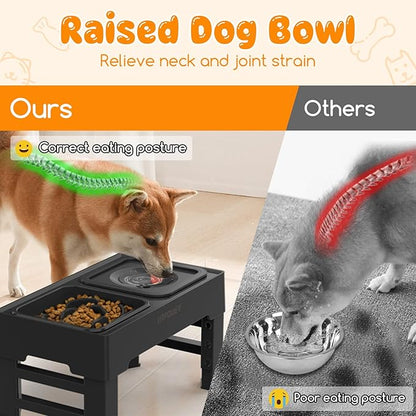 URPOWER 2-in-1 Elevated Slow Feeder Dog Bowls with No Spill Dog Water Bowl 4 Height Adjustable Raised Dog Bowl Non-Slip Dog Food and Water Bowls with Stand for Small Medium Large Dogs, Cats and Pets