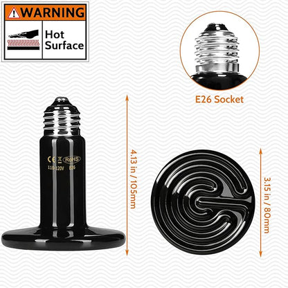 100W Ceramic Heat Emitter - Black Reptile Heat Bulb - No Light Infrared Reptile Heat Lamp for Lizards, Dogs, Cats - Ideal for Terrariums and Pet Brooder Coop Heating - Black