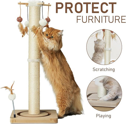 PEEKAB Cat Scratching Post 33 Inches Tall Large Sisal Scratch Posts with Track Ball Toys for Indoor Cats and Kittens,Vertical Scratcher Toy Beige