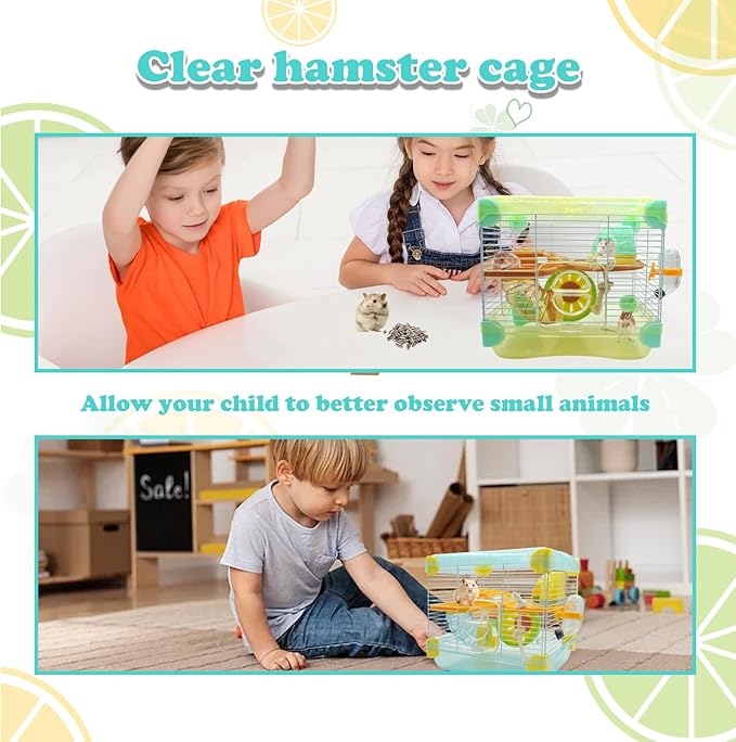2 Layers Hamster Cage with Tubes Mouse Cage with Accessories Water Bottle Food Dish Transparent Hamster Habitat with Exercise Wheel for Hamster Guinea Pig Gerbil (10.9" x 8.1" x 9.8" Yellow)