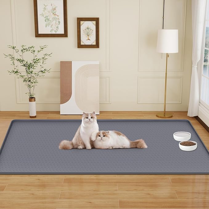Cat Food Mat, 51.2" x 25.6" Extra Large Silicone Pet Feeding Mat with Raised Edge Pet Placemat for Food and Water Bowl Non-Slip, Easy to Clean, Floor Protection (Dark Grey)