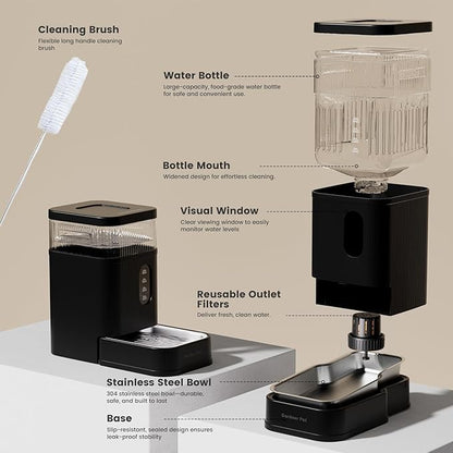 Gardner Pet Automatic Dog Water Dispenser Gravity Waterer with Stainless Steel Bowl Water Dispenser 8.5L Large Capacity Water Feeder with Filters for Dogs Cats Pets, BPA-Free Noise-Free (Black, 8.5L)