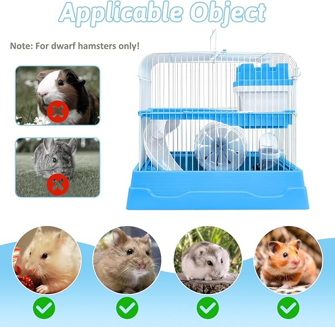 PINVNBY 2-Tier Dwarf Hamster Cage, Travel Portable Mouse Cage Gerbil Cages and Habitats Small Animal Carrier with Castle House Exercise Wheels, Water Bottle and Food Dish(Blue)
