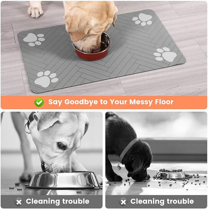 Pet Feeding Mat-Absorbent Pet Placemat for Food and Water Bowl, with Waterproof Rubber Backing, Quick Dry Water Dispenser Mat for Dog and Cat (16"x24", Striped Light Gray)