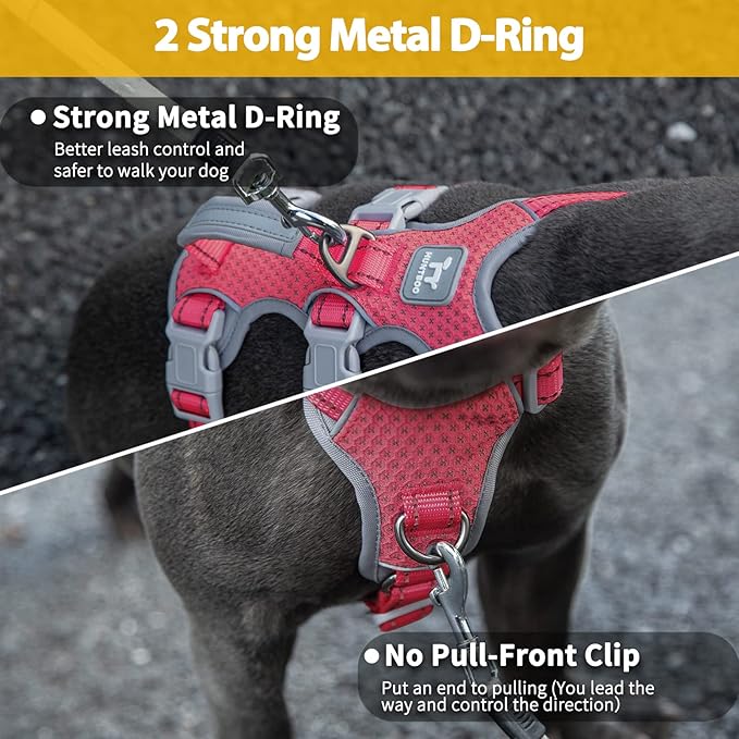 Escape Proof Dog Harness, No Pull Reflective Harness with Lift Handle, Adjustable Pet Vest with Front and Back Leash Clips for Small Medium Large Dogs Walking Hiking Training (Red,L)