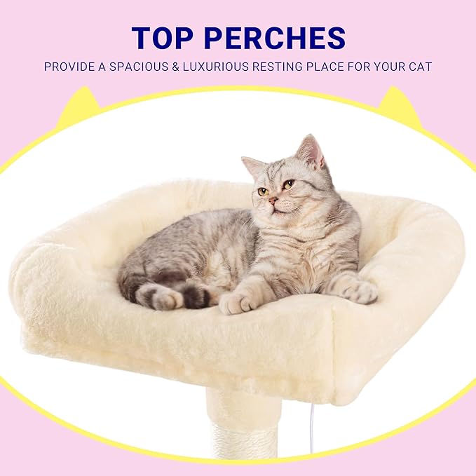 Allewie 73in Fan-Shaped Space-Saving Corner Cat Tower/Multi-Level Tall Cat Tree for Indoor Kitties/Cozy Baskets/Condos/House/Perches/Sisal Scratching Posts/Pet Activity Center/Beige