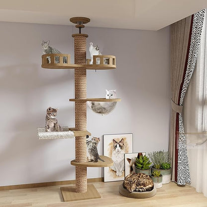 Floor to Ceiling cat Tree - Adjustable Height (95-98in,104.3-108.2in)- with Width 4.33 in Scratching Post,Cat Hammock,Fully Wrapped with sisal Rope - Heavy Duty cat Tree.(Holds 110 lbs)