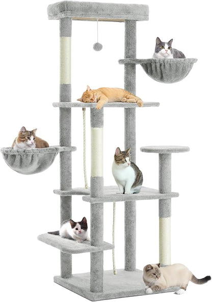 59 Inch Cat Tree Tower, Multi-Level Large Cat Tree for Indoor with Super Large Bed, Hammocks, Scratching Posts, Dangling Ball, Cat Furniture, Activity Center