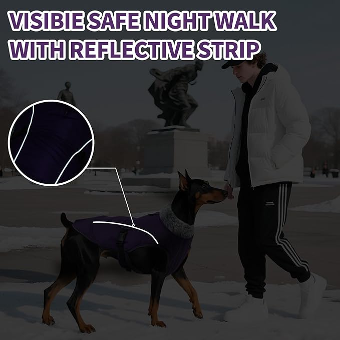 DENTRUN Large Dog Coat - Thick Fleece Lined Reflective Winter Jacket, Snap Closure & Leash Hole, Warm Thick Fleece Lined, Plush Turtleneck Vest for German Shepherd, Purple, XXL