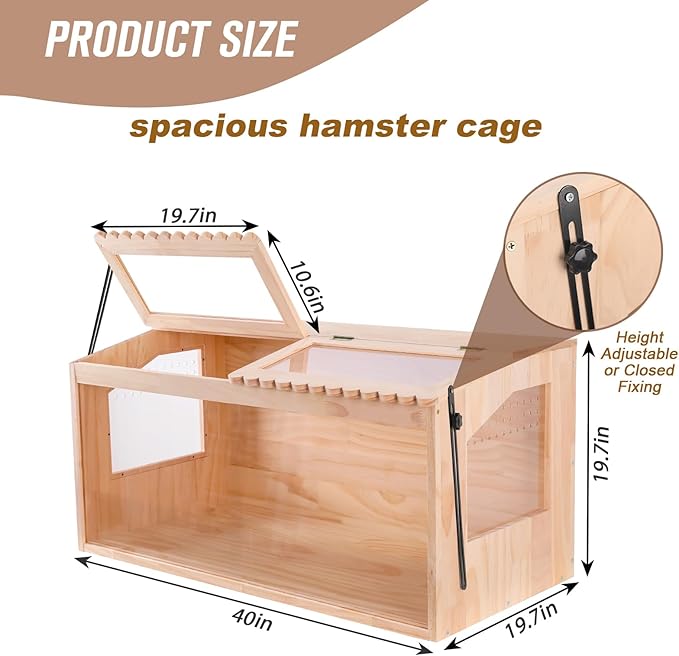 Wooden Hamster Cages and Habitats, 40" Guinea Pig Cage, Small Animal Cage for Dwarf Syrian Hamsters Degus Mice & Other Small Pets. Big Hamster Habitat with 2 Openable Door 40"x20"x20"
