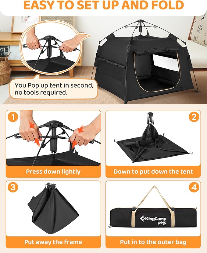 KingCamp Dog Tent, Large Portable Outdoor Indoor Dog House with 600D Oxford Fabric & Dual Layer for Medium Large Dogs, Black, 39.4" x 39.4" x 35.4"