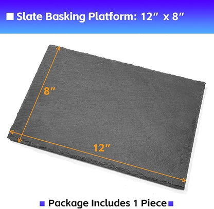Natural Slate Basking Platform for Reptiles Bearded Dragon Tortoise Turtle Habitat Accessory Heat Retention, Anti-Slip Design, Feeding Tray Functionality, and Superior Water Absorption(12'' x 8'')
