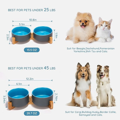 SPUNKYJUNKY Ceramic Dog and Cat Bowl Set with Wooden Stand, Modern Cute Weighted Food Water Set for Small Size Dogs (13.5OZ) & Medium Sized Dogs (28.7OZ) & Cats (1.7 Cups, 2 × Blue-Grey)