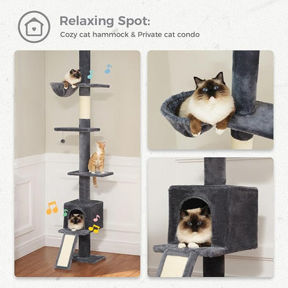 PETEPELA Floor to Ceiling Cat Tree[83"-108"], Cat Tower 5 Levels, Height Adjustable, Cat Scratching Post with Top Perches and Spacious Condo for Large Indoor Cats, Dark Grey