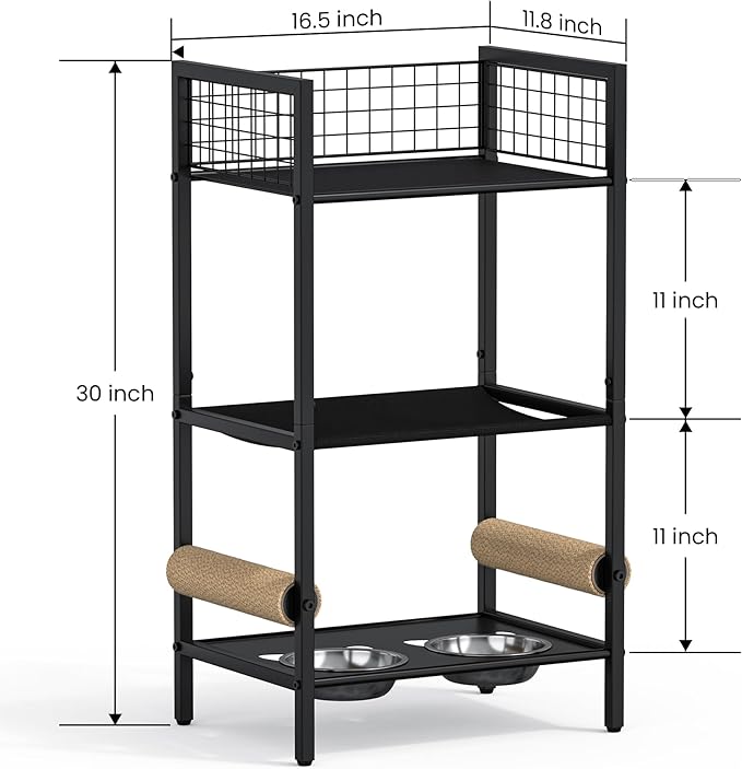 4in1 Cat Furniture Stand with Cat Scratching Post, Cat Food Bowls, Cats Bed Platform, Cats Food Storage Organizer, All in One Pet Furniture for Small Space (Metal, Black)