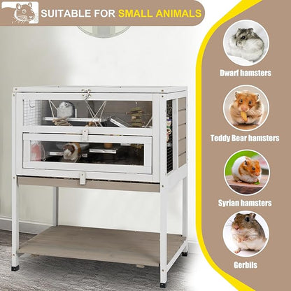 Large Hamster Cages, Easy Clean Hamster Cages and Habitat with Food Bowl, Shelf and Ladder, Wooden Indoor Small Animal Cage with Not Leakage Pull Out Tray (25.6" L X 17.7" W X 30.9”H)