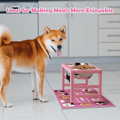 Elevated Dog Bowls, 10" Tall Height, ADENGL Raised Bowl Stand with 2 Stainless Steel Food Feeder Bowls (60oz) and Spill-Proof Mat for Medium Large ＆ Small Breeds, Pink