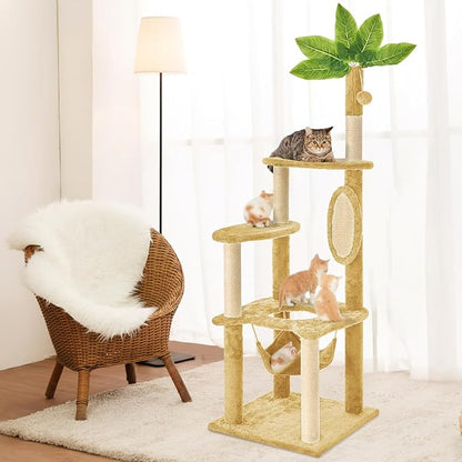 55" Cat Tree for with Green Leaves, Multi-Level Large Cat Tower with Hammock, Plush Cat House with Hang Ball Toy and Sisal Scratching Posts Furniture, Beige