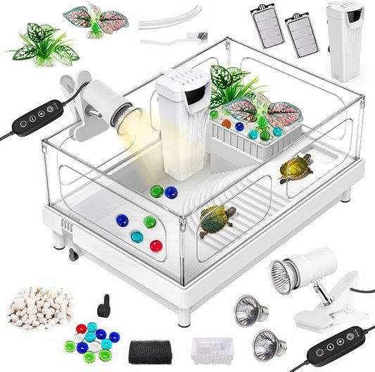 GOZILLA Small Turtle Tank Kit(Tank+Lamp+Filter), Acrylic Turtle Starter Kit with Adjustable Lamp, Reptile Habitat and Terrarium with Multi-Functional Areas for Small Reptiles. (White Kit)