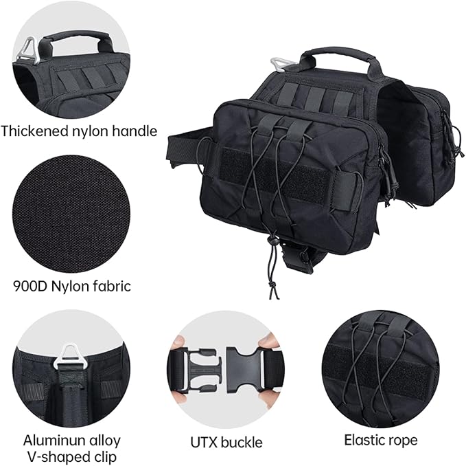 EXCELLENT ELITE SPANKER Dog Pack Hound Dog Saddle Bag Backpack for Travel Camping Hiking Medium & Large Dog with 2 Capacious Side Pockets(Black-L)