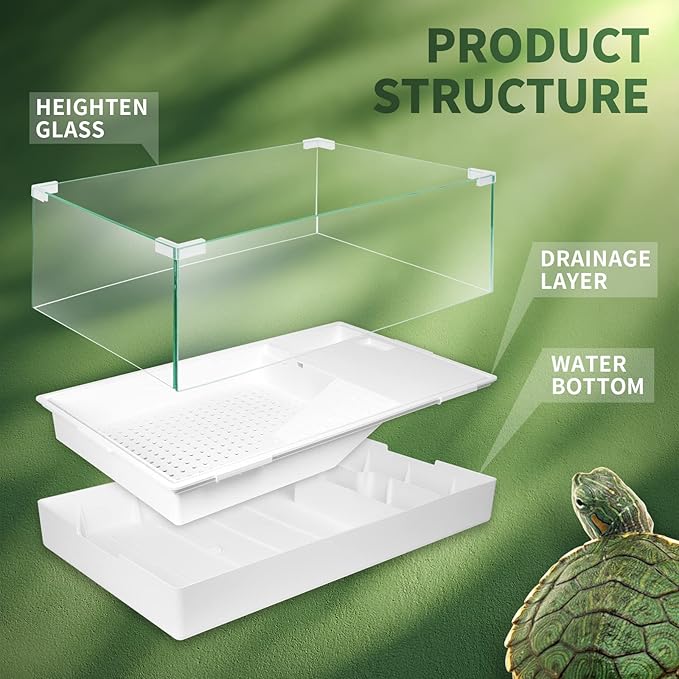 BETAZOOER Turtle Tank with Adjustable Water Pump Filter, Full View Visually Tortoise Aquarium Habitat, Glass Material Easy Changing Water&Clean for Small Amphibious Creatures Reptiles 15.7"×11.8"×10"