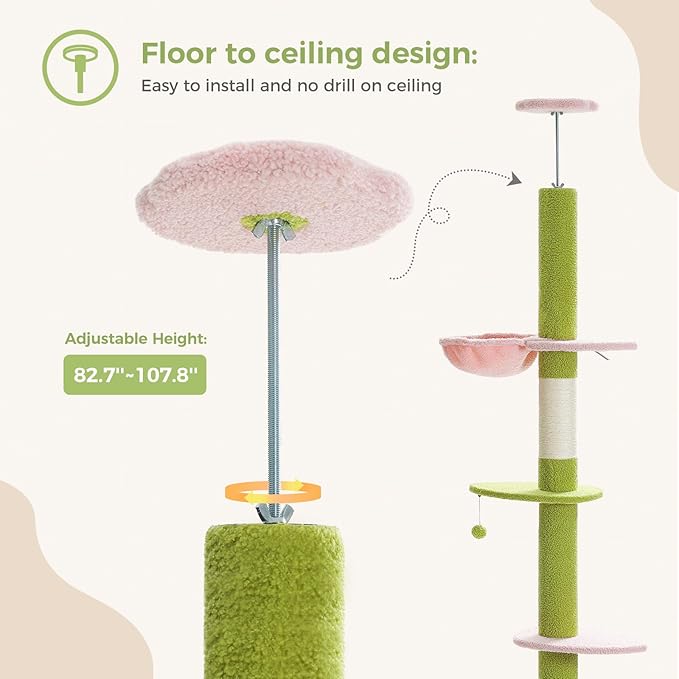 PEQULTI Cat Tree Floor to Ceiling, Green Cat Tower, Adjustable Height (83''-108'') 5 Tiers Tall Climbing Tree for Indoor Cats with Cat Condo, Scratching Post and Ladder, Light Green