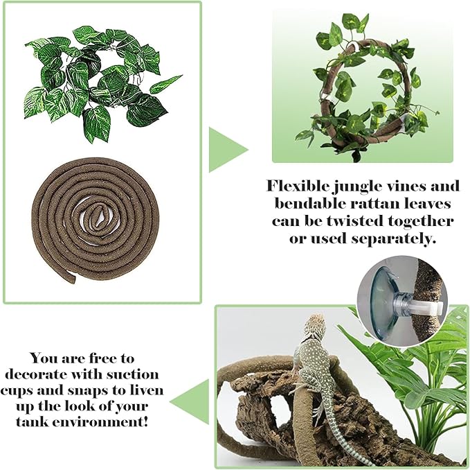 kathson Reptile Resin Dinosaur Skull Decoration Bearded Dragon Tank Triceratops Skeleton Accessories Vines Flexible Leaves Decor for Lizards Tortoises Snakes Frogs(3 PCS)