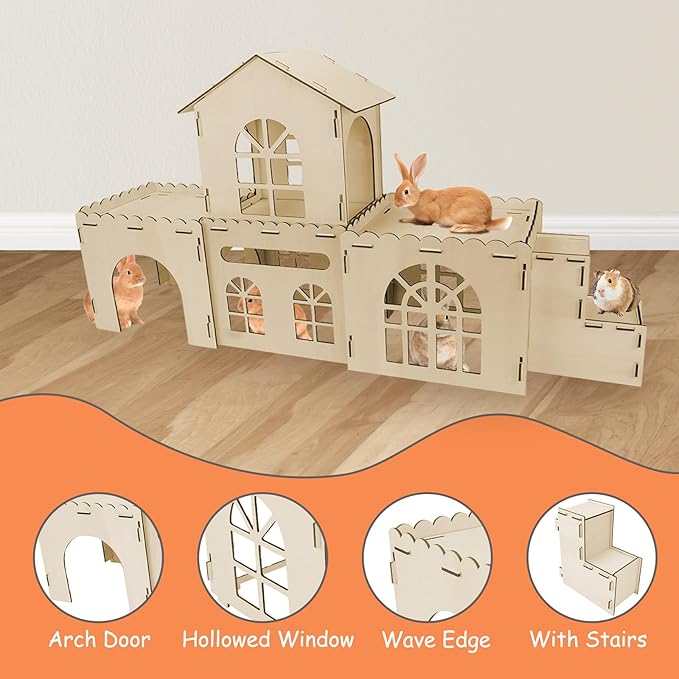 YUEPET Extra Large Wooden Bunny Castle, Ventilated Rabbit Castle Hideaway with Stairs, Detachable Small Animal Hideout & Habitats for Indoor Outdoor Dwarf Rabbits Bunnies to Hide & Play