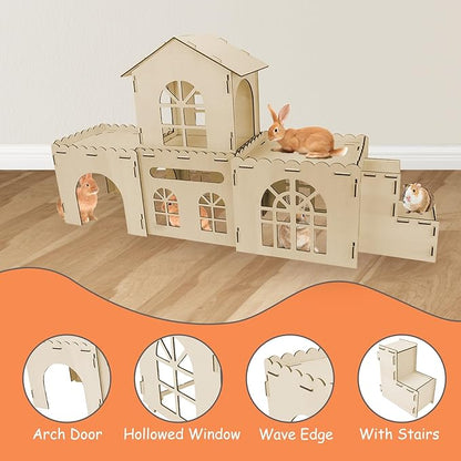YUEPET Extra Large Wooden Bunny Castle, Ventilated Rabbit Castle Hideaway with Stairs, Detachable Small Animal Hideout & Habitats for Indoor Outdoor Dwarf Rabbits Bunnies to Hide & Play