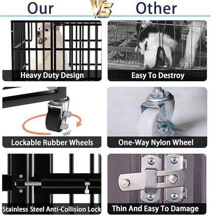 LEMBERI 48/38 inch Heavy Duty Indestructible Dog Crate, Escape Proof Dog Cage Kennel with Lockable Wheels,High Anxiety Double Door Dog Crate,Extra Large Crate Indoor for Large Dog with Removable Tray