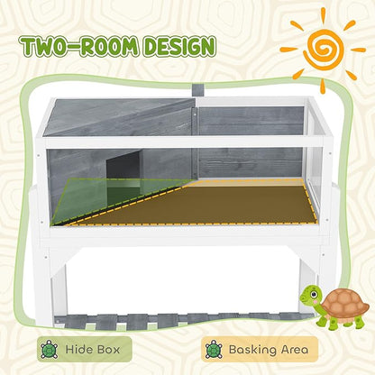 PawHut Tortoise Habitat with Storage Shelf, Wooden Tortoise Enclosure with Clear Windows, Lamp Holder, Openable Top, Built-in Tray, Reptile Cage for Indoor Outdoor Use, Gray
