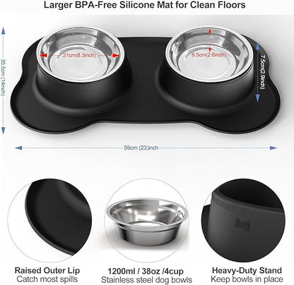 AsFrost Dog Food Bowls Stainless Steel Dog Bowls with No Spill Non-Skid Silicone Mat, Dog Food and Water Bowl Set, Dog Dishes for Small Medium Large Sized Dogs Pet Food Feeding Bowls, 4 Cup, Black
