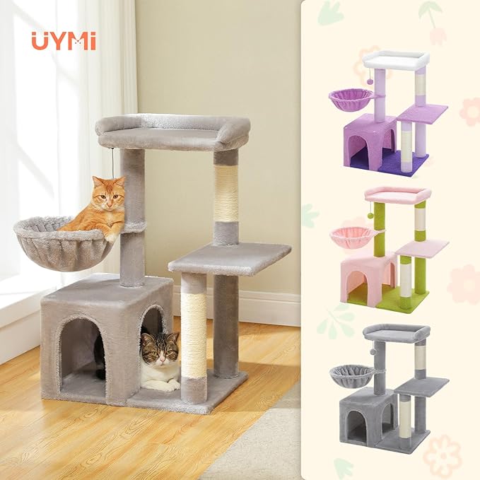 Pink Cat Tree for Indoor Cats with Metal Frame Carpet Hammock, 32" Cute Cat Tower with Cozy Condo, Top Perch, Scratching Posts, and Replaceable Ball Toy, Pet Furniture for Small Cats & Kittens