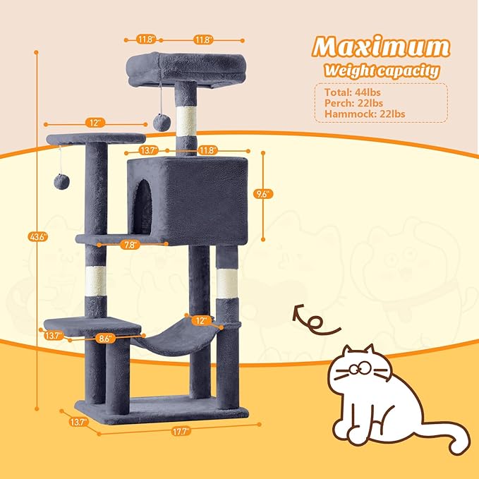 Sweetcrispy 44 inch Cat Tree Tower, Multi-Cat Climbing Tower with Condo, Natural Sisal Scratching Posts, Extended Platform, Hammock, Pet House for Indoor Cats and Kittens Play, Dark Grey