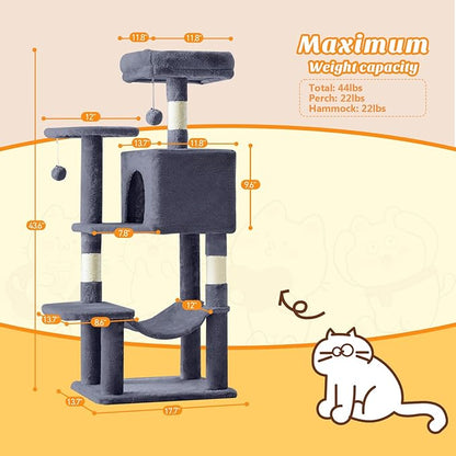 Sweetcrispy 44 inch Cat Tree Tower, Multi-Cat Climbing Tower with Condo, Natural Sisal Scratching Posts, Extended Platform, Hammock, Pet House for Indoor Cats and Kittens Play, Dark Grey