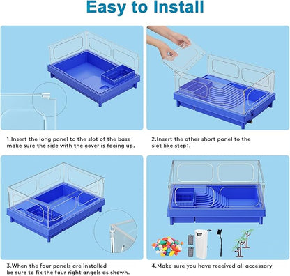 Geegoods Turtle Tank, Blue Small Turtle Tank Kit, Turtle Aquarium with Filter, Colored Rocks, Brush and Small Plant