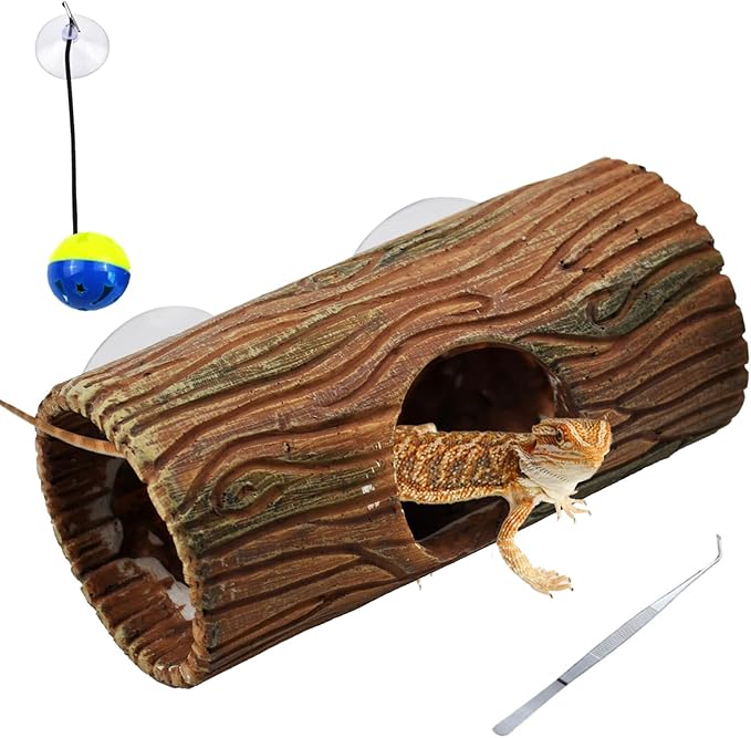 kathson Resin Hide Cave for Gecko,Reptile Hollow Tree Trunk with Suction Cups,Hideway Caverns Lizard Climbing Toys Tank Accessories for Hermit Crab Snakes Frog Spider