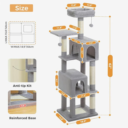 62" Cat Tree for Indoor Cats, Multi-Level Cat Tower with 2 Spacious Condos, Dual Top Perches, Scratching Pad, 4 Scratching Posts, 2 Pompoms, Grey