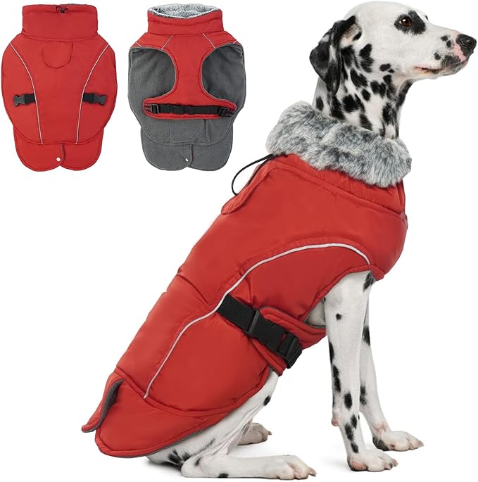 DENTRUN Medium Dog Winter Jacket - Warm Reflective Windproof Coat, Adjustable Neck & Snap Closure, Water Repellent Thick Fleece Vest, Fleece Lined for Beagle Pug, Red, M