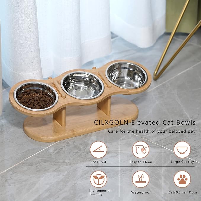 Elevated Cat Bowls Raised Cat Food Bowls, 15° Tilted Pet Bowls for Cats Puppy Small Dogs, Raised Dog Bowl Stand Feeder Adjustable Dog Cat Food Water Bowls Stand with 3 Stainless Steel Bowls