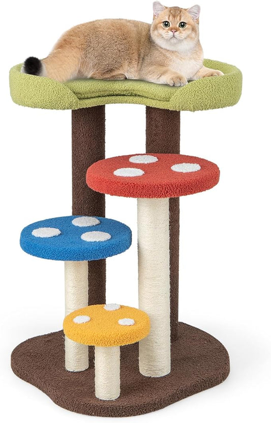 Tangkula Mushroom Cat Tree, Cute Cat Tower with Full-Wrapped Sisal Post, Unique Multi-Level Cat Activity Center, Cat Scratching Post with Bed for Indoor Cats Large Adult (37 Inch)