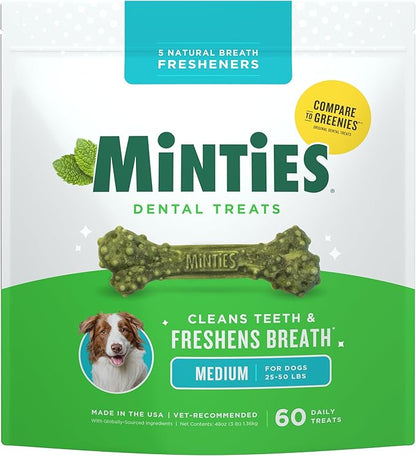 Minties Dental Chews for Dogs, 60 Count, Vet-Recommended Mint-Flavored Treats for Medium Dogs 25-50 lbs, Bones Clean Teeth, Fight Bad Breath, and Removes Plaque and Tartar